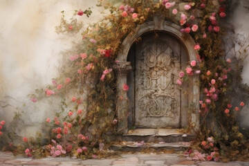 Old wooden door with pattern and pink roses on the old wall. Watercolor painting. Fairy Tale Door, Fantasy Doorway, Fabulous Door - obrazy, fototapety, plakaty