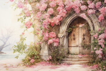 Old wooden door with pink flowers in the garden. Vintage style. Watercolor painting. Old door to the fairy tale castle