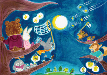 星を捕まえようとしている動物たちのイラスト