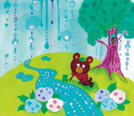 雨の降っている中小川を覗いているクマのイラスト