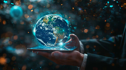 A hand with a digital tablet holds up a glass globe model of the Earth with a holographic map, emphasizing the role of technology in the development of global business strategies.
