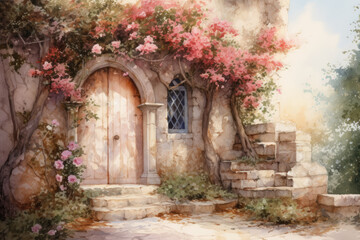 Fototapeta na wymiar Old wooden door surrounded by flowers in an old house in the garden, Provence, France or Tuscany, Italy. Watercolor painting
