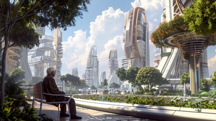 An elderly man sitting on a bench near a futuristic park surrounded by towering ecofriendly buildings and a biofuel station in the distance smiling as he watches the citys progress. . - obrazy, fototapety, plakaty
