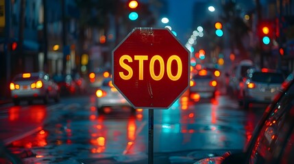 Night Lights and a Lone Stop Sign. Concept Urban photography, Street scenes, Night time, Stop sign, City lights