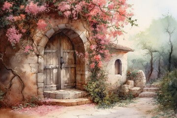 Wooden door in an cute old house with flowers in garden, Provence, France or Tuscany, Italy. Watercolor painting