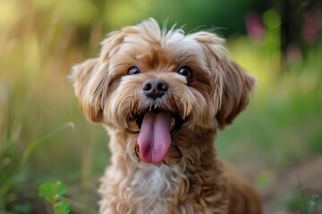 Naklejka na ściany i meble Cute funny dog stucks her tongue. Cute happy dog makes a funny pose and sticks his tongue .