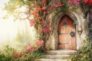 Fototapeta na wymiar Old wooden door with flowers on the old castle wall in garden. Watercolor painting. Fairy Tale Door, Fantasy Doorway, Fabulous Door