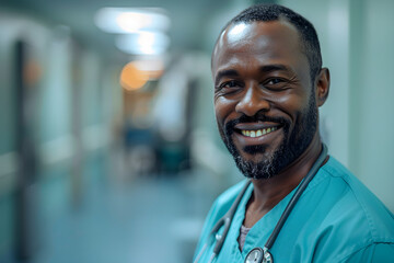 Fototapeta premium Portrait of an African-American male doctor, a guy in a hospital gown, and a smiling nurse in the hospital corridor celebrating National Doctors Day and World Nurses Day.