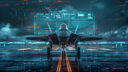 A jet is on a runway with a computer screen showing the plane's data