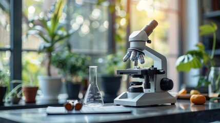 Scientist's Workspace: Beaker and Microscope on Desk in Laboratory