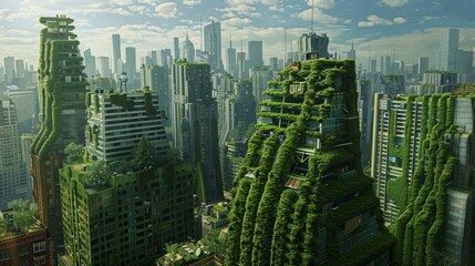 An artists depiction of a bustling city its skyline filled with buildings adorned with green roofs. These roofs are covered in a type of creeping vine that not only adds to the citys .