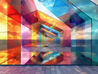 Kaleidoscopic Glass Prism,
A vivid photograph showcasing the refractive beauty of a glass structure, creating a mesmerizing kaleidoscope of colors and angles. - obrazy, fototapety, plakaty