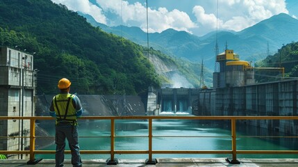 A man in a yellow vest stands on a bridge overlooking a large body of water - obrazy, fototapety, plakaty