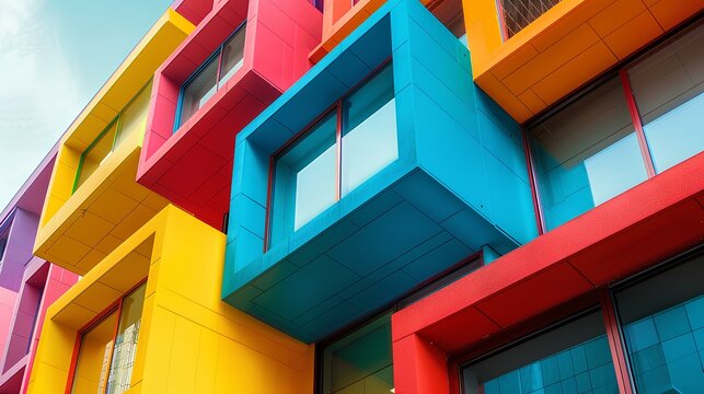 Color Block Architecture,
The bold architecture of a building is highlighted by color blocking, showcasing a dynamic and modern aesthetic through bright, contrasting hues and geometric fo