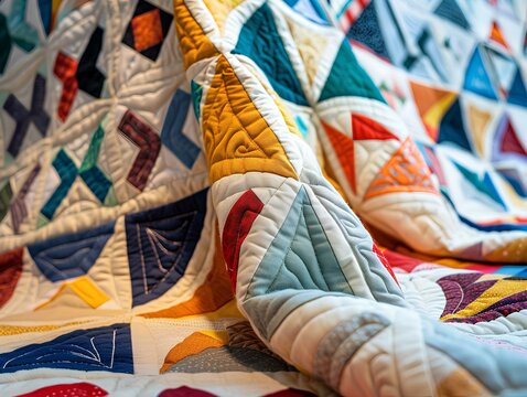 Patchwork Tapestry,
 A detailed photograph showcases the intricate artistry of a handcrafted quilt, with a myriad of patterns and vibrant colors stitched together in harmony.