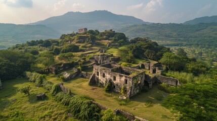 Against a picturesque background of rolling hills and lush greenery a team of Heritage Preservation Architects can be seen carefully restoring a crumbling centuriesold fortress. Their . - obrazy, fototapety, plakaty