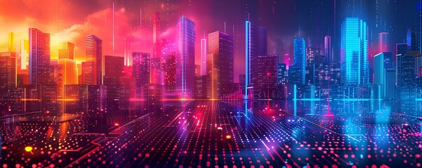 Cybernetic Cityscape,
A digital art, a futuristic cityscape, aglow with neon lights and digital connections, symbolizing a networked metropolis at dusk.