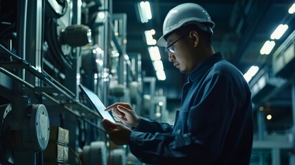 A man wearing a hard hat is looking at a tablet while standing in a factory