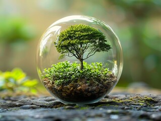 Planet nurturing tree under glass dome - obrazy, fototapety, plakaty