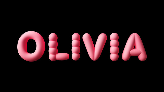 Name "OLIVIA" written in capital glossy pink 3D inflated text, balloon font, inflated 3D lettering for celebrations, happy birthdays, girl's name 