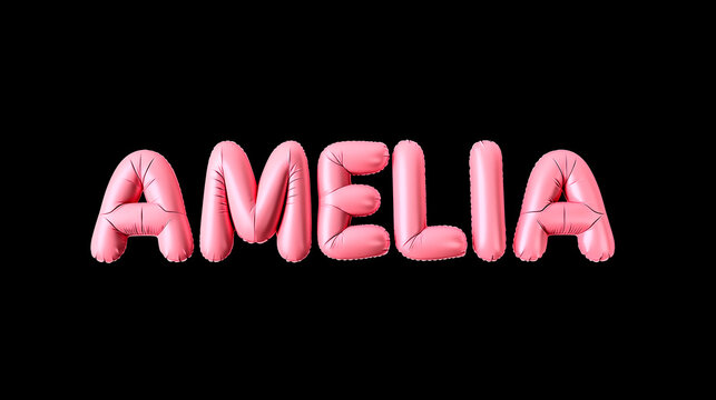 Name "AMELIA" written in capital glossy pink 3D inflated text, balloon font, inflated 3D lettering for celebrations, happy birthdays, girl's name 