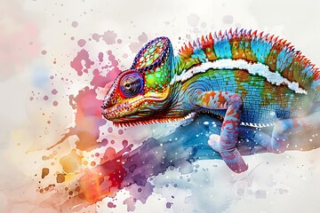 Funny chameleon with watercolor splash textured. Funny colorful chameleon with watercolor splash textured background. fashion print .