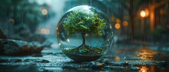 Green energy tree in protective sphere - obrazy, fototapety, plakaty