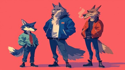 Three 2d wolf cartoon characters