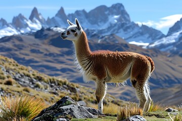 Guanaco (Lama Guanicoe) admiring the Andes..