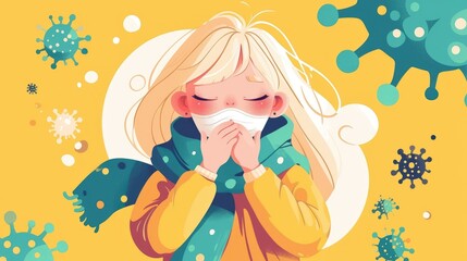 A cute female character is illustrated coughing displaying symptoms of the flu a viral infection The cartoon depicts a sick young woman isolated against a white background in vibrant colors