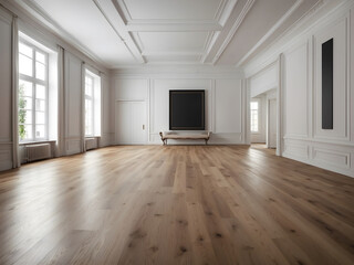 Obraz premium An expansive room with polished wood flooring housing a large empty picture frame for decoration design.
