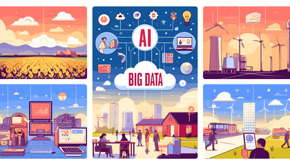 Conceptual Concepts of Big Data and Machine Learning Applications Using Artificial Intelligence. Vector illustration.