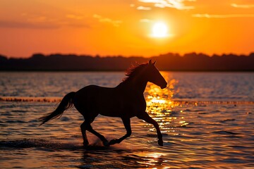 Horse and sunset. An Arabian horse trotting along the shore with a vibrant sunset over the bay . - obrazy, fototapety, plakaty
