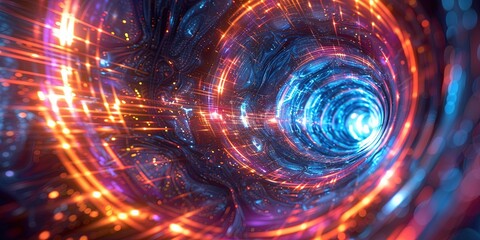 Color image of a warp tunnel in deep space. Matter particles spin in the vortex of gravity. Hyperspace. Generative AI - obrazy, fototapety, plakaty