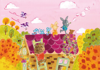 屋根に登ってシャボン玉を飛ばしている動物たちのイラスト