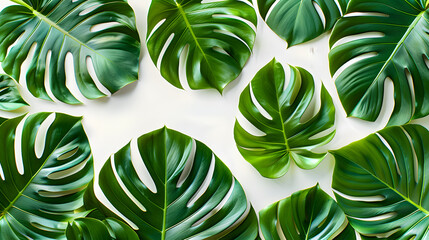 Tropical leaves form a symmetrical pattern on a white background