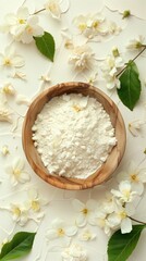 Fototapeta na wymiar Flat lay extract jasmine flower flour on wooden bowl natural aromatic fragrance