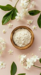 Fototapeta na wymiar Flat lay extract jasmine flower flour on wooden bowl natural aromatic fragrance