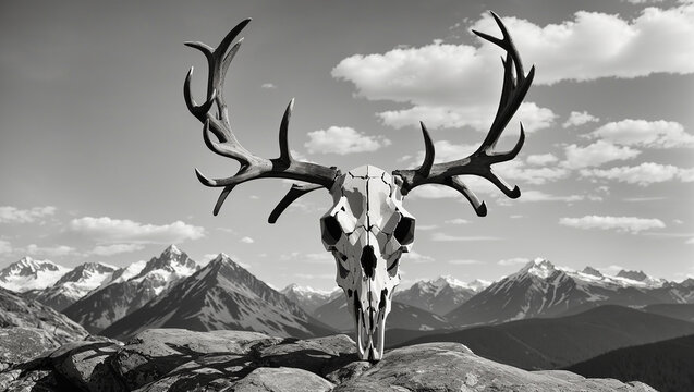 A black and white photo of a deer skull in front of a mountain range.

