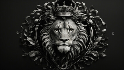 A grayscale image of a lion's head with a crown on its head.

 - obrazy, fototapety, plakaty