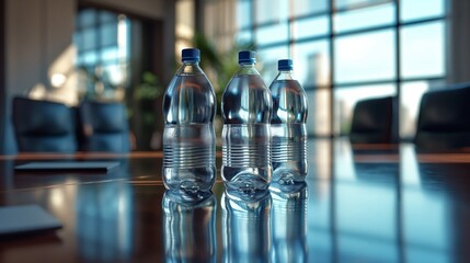 Mineral water bottles placed on a table in conference room.