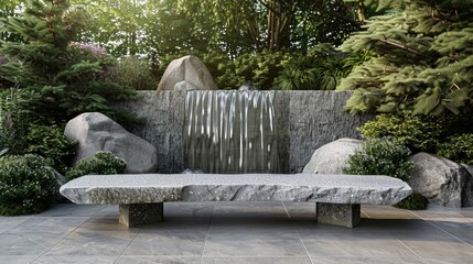 Blank mockup of a curved stone bench with a natural waterfall feature. .