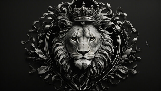 A grayscale image of a lion's head with a crown on its head.

