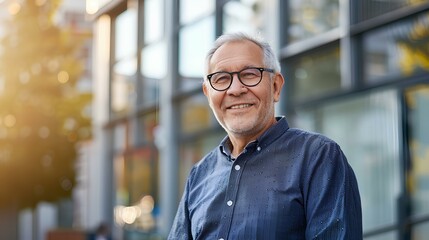 Obraz premium Portrait of smiling senior man in casual shirt and glasses standing against modern office building, looking at camera with copy space. Smiling middle aged business concept. generative AI