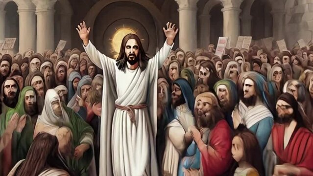 Resurrection of Jesus: Jesus appears to his followers. Life of Jesus. Digital watercolor painting