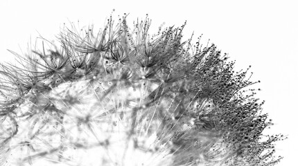 At extreme magnifications, the intricate details of water droplets on the seeds of a mature, fluffy dandelion crown, a common lawn weed, are revealed against a pristine white backdrop.
