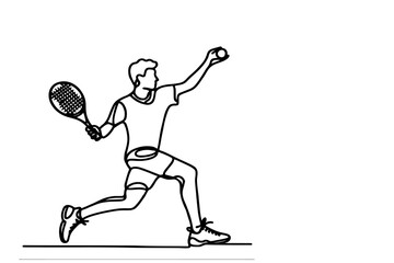 One continuous black line hand drawing of man playing tennis Doodle linear drawing man cartoon palyer on white. vector