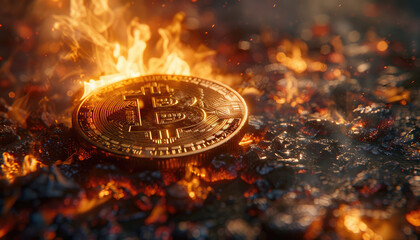 Amidst the flames of damnation, Bitcoin emerges as a flicker of hope In the hellish realm, its value fluctuates like souls in torment - obrazy, fototapety, plakaty