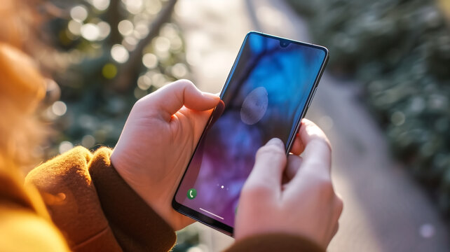 Close-up of a person's hand using a fingerprint sensor to unlock a smartphone on a sunny day, emphasizing security and technology.

