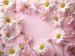 Naklejka na ściany i meble top view, light pink solid background frame from daisy flowers